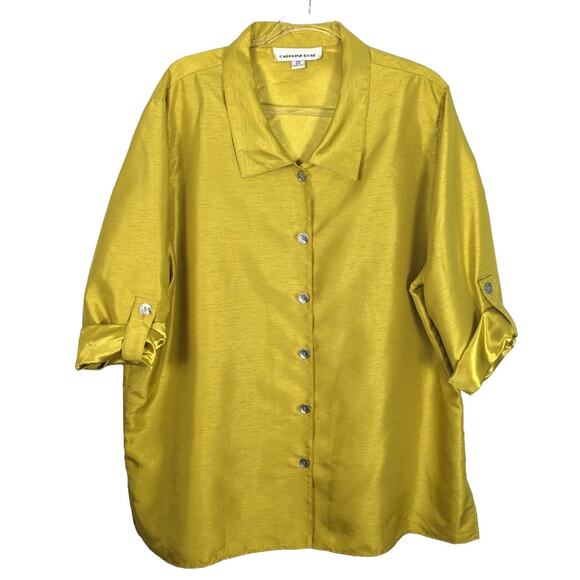 Caroline Rose Faux Raw Silk Button Front Shirt Chartreuse Tab Roll Sleeve 2X - Picture 1 of 9